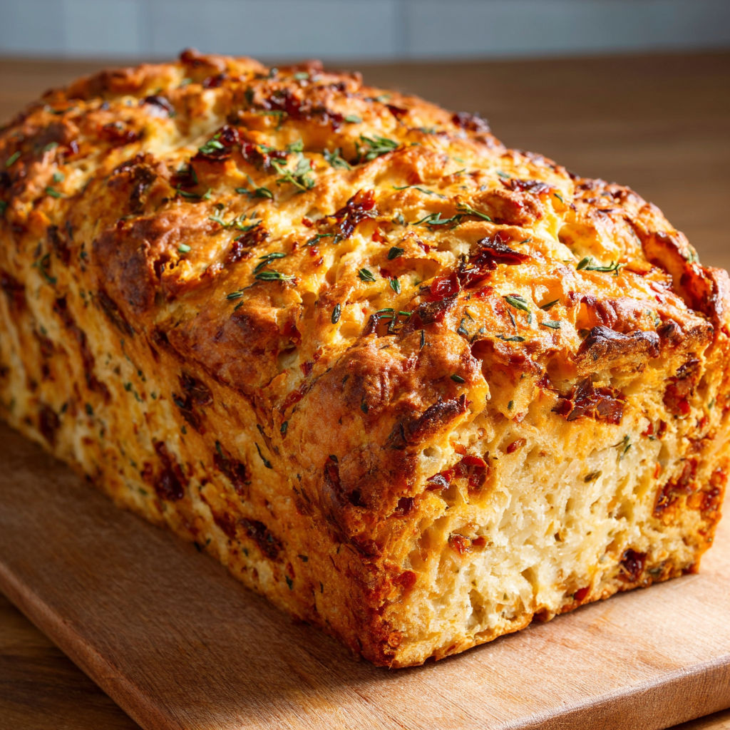 A loaf of bread with cheese and sundried tomatoes.