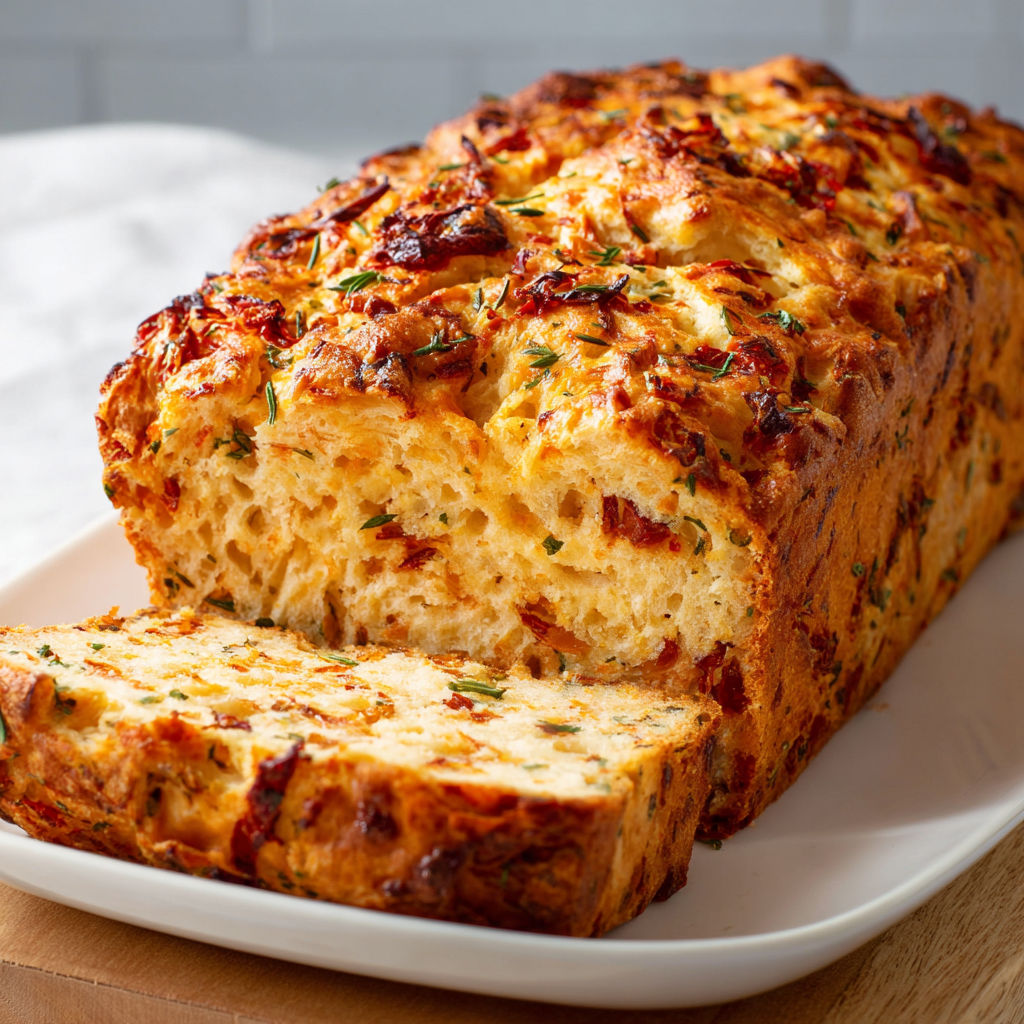 A loaf of bread with cheese and sundried tomatoes.
