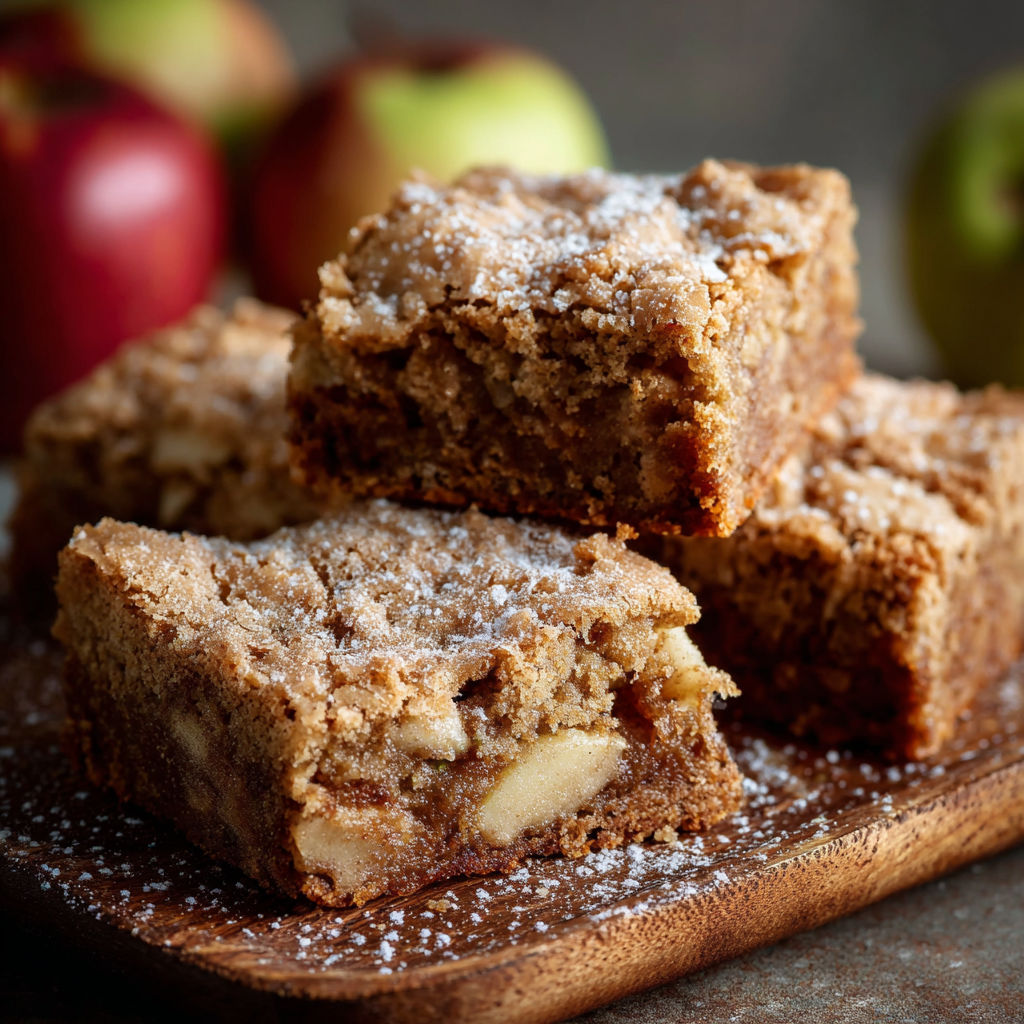 A plate of brownies with apple slices on top.