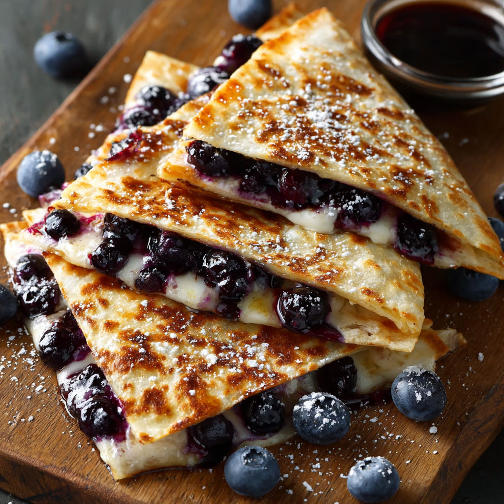 A quesadilla with blueberries on top.