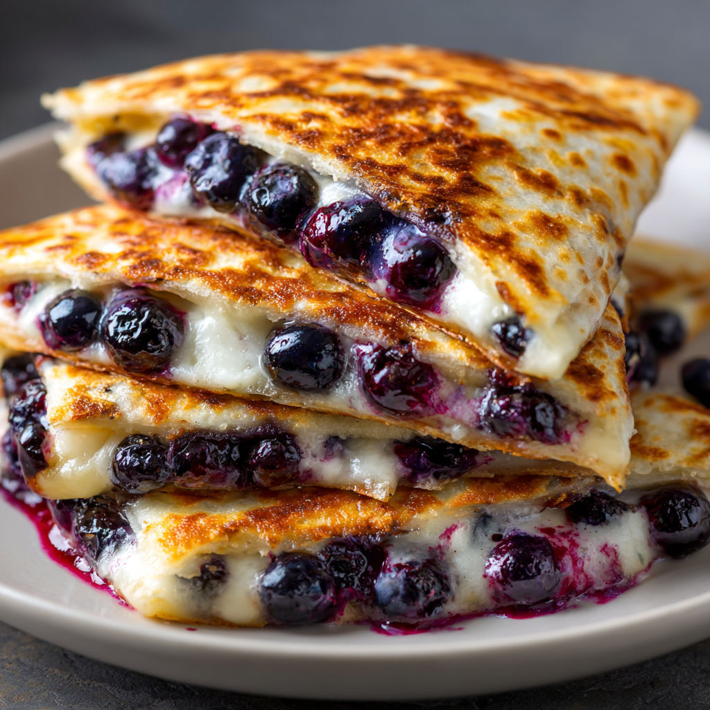 A stack of blueberry quesadillas on a plate.