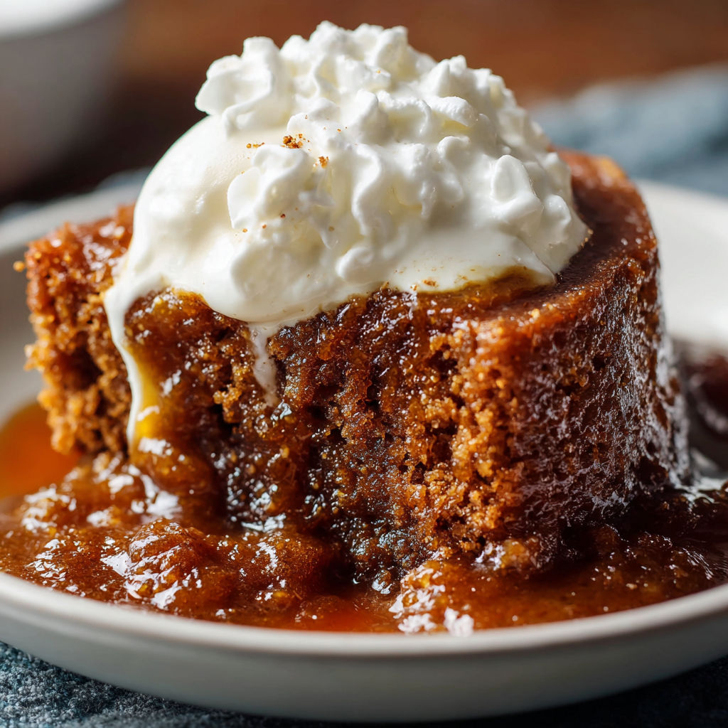 A slice of gingerbread pudding cake with whipped cream on top.
