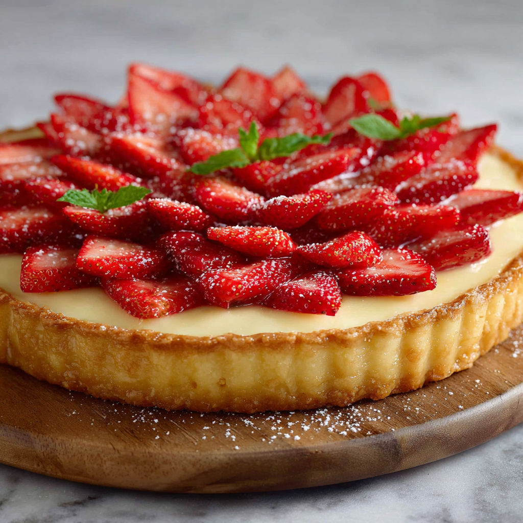A vanilla custard and strawberry tart.