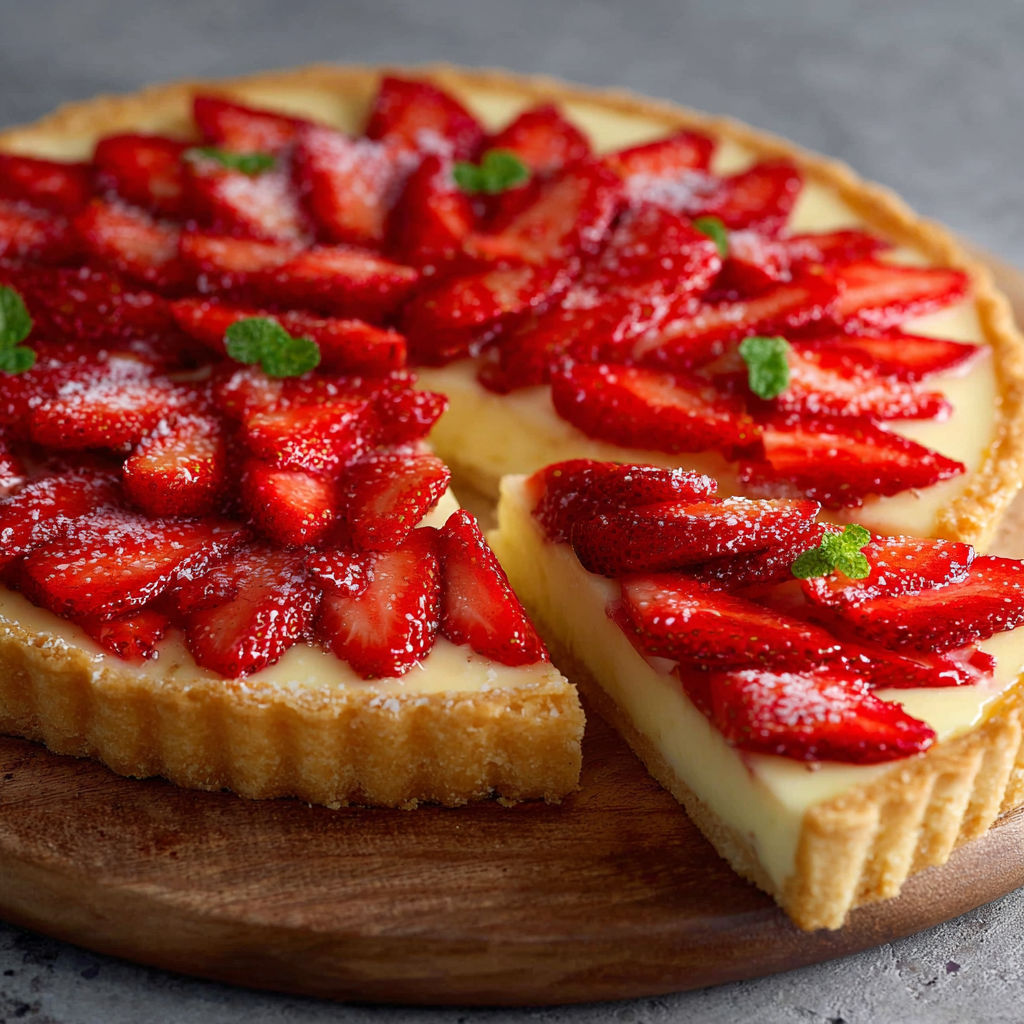 A slice of strawberry cheesecake on a wooden board.