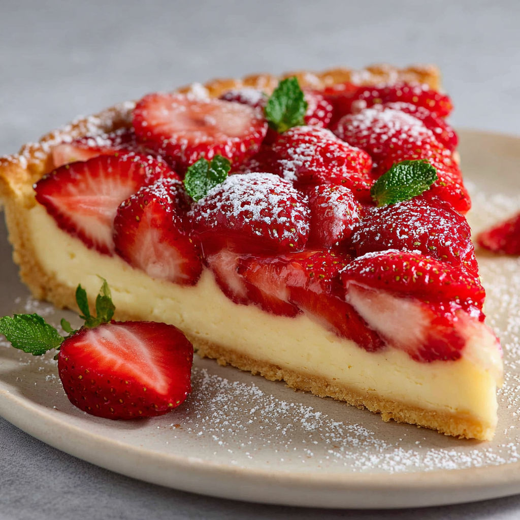 A slice of cheesecake with strawberries on top.