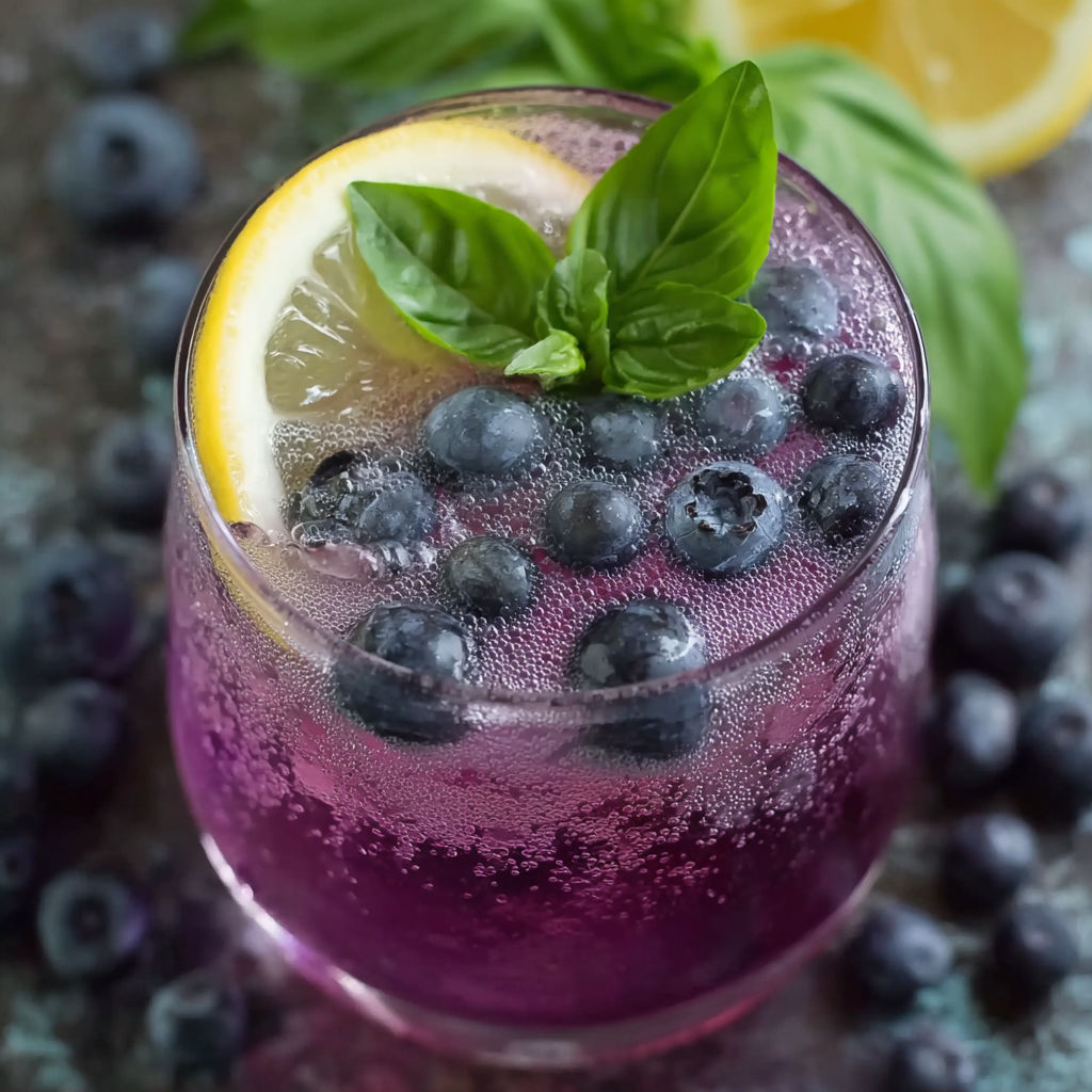 A glass of blueberry lemonade with a sprig of mint.
