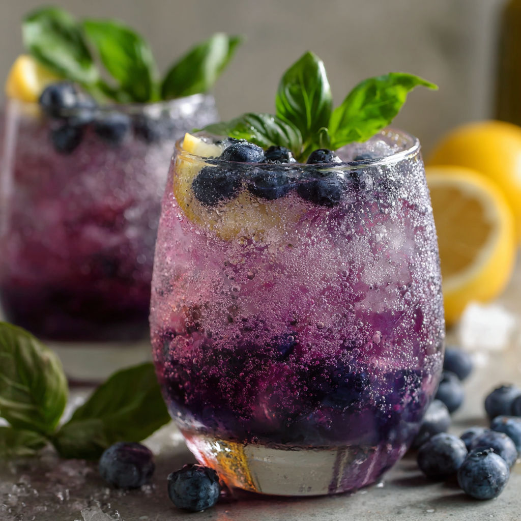 A glass of blueberry lemonade with a sprig of mint.