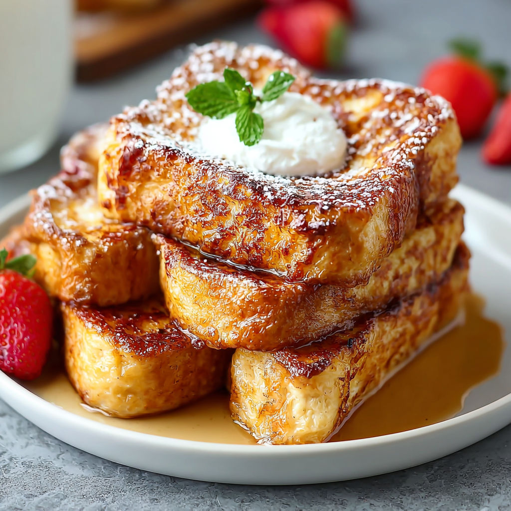 French toast with powdered sugar and a strawberry.