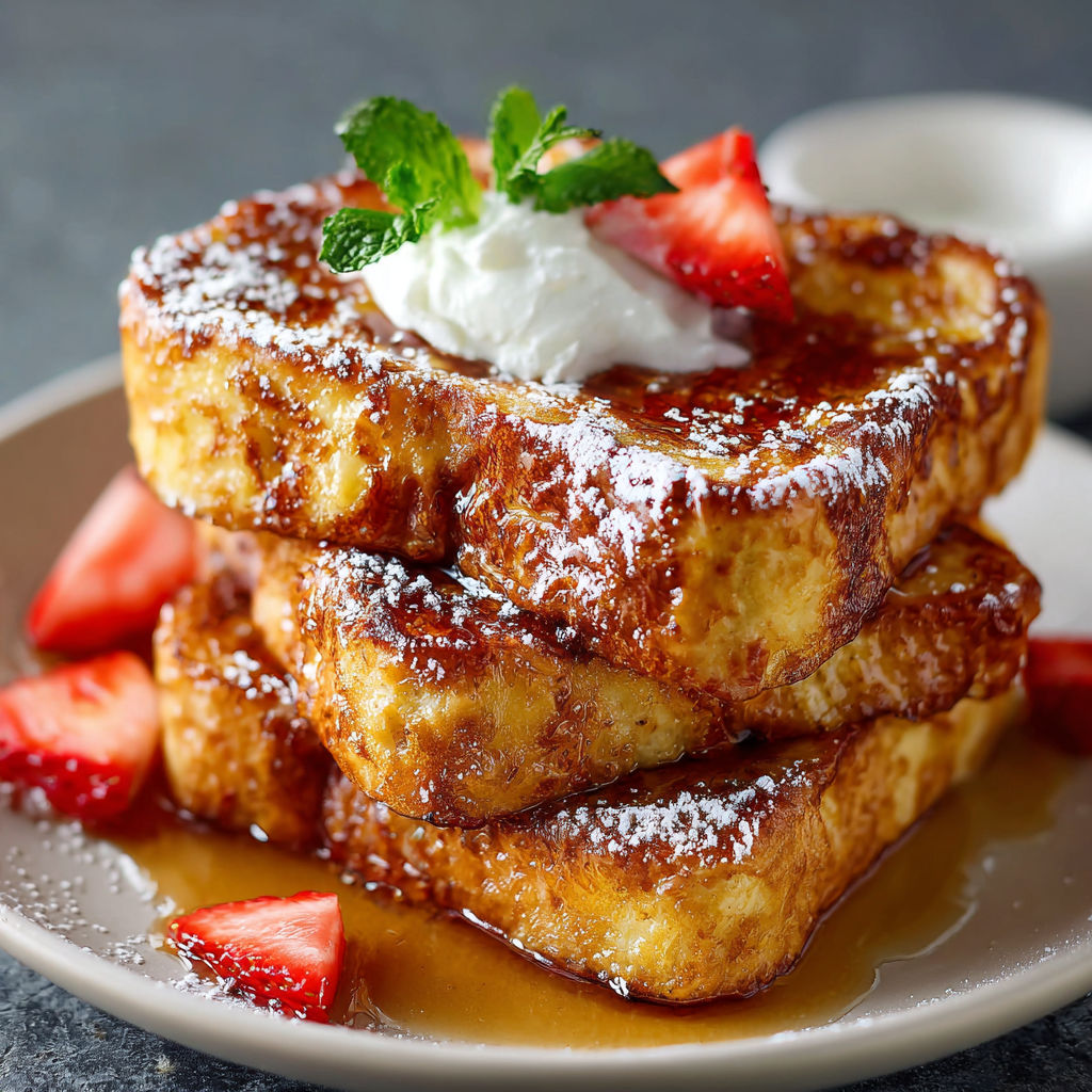 A stack of French toast with powdered sugar and strawberries.