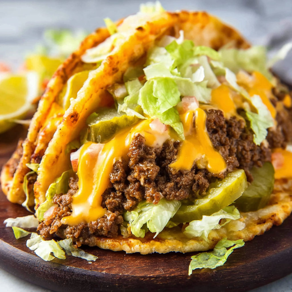A delicious looking burger taco with lettuce and cheese.