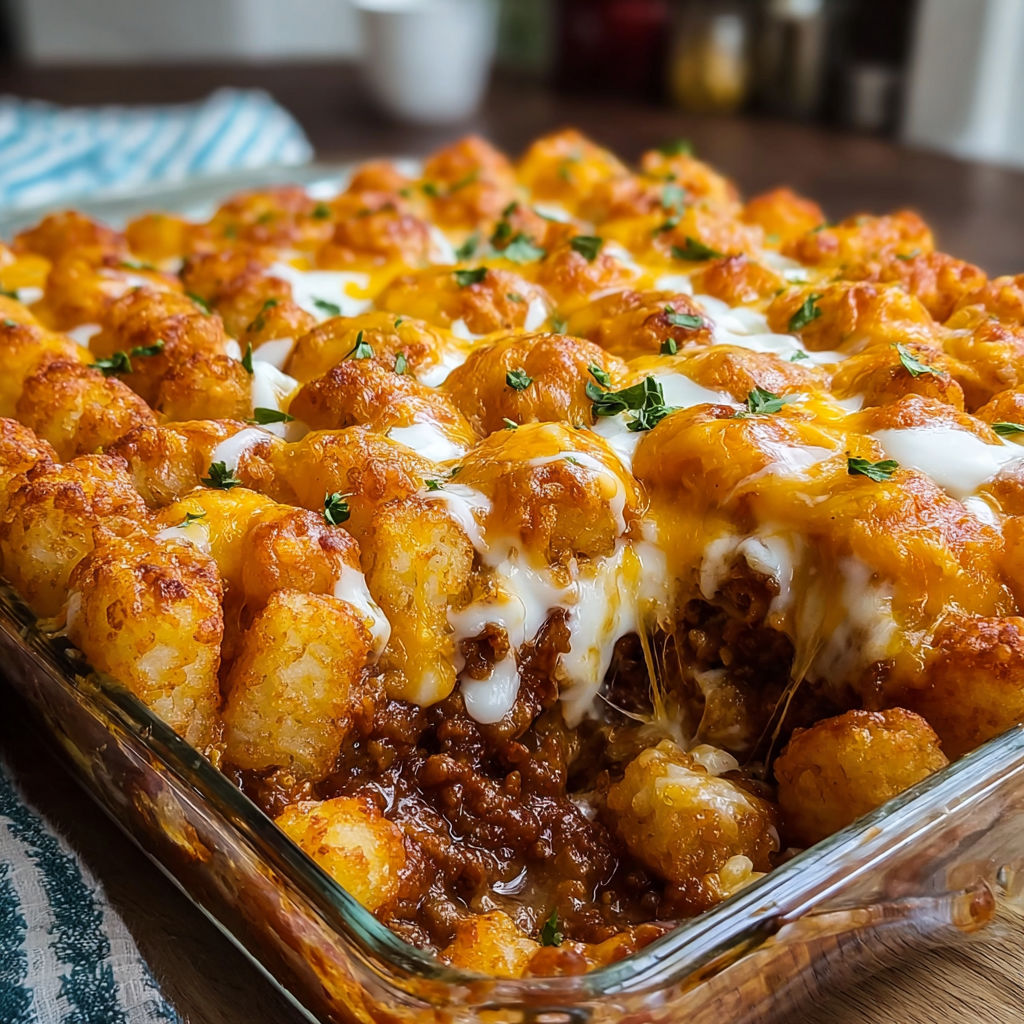 A chili cheese tater tot casserole in a glass dish.
