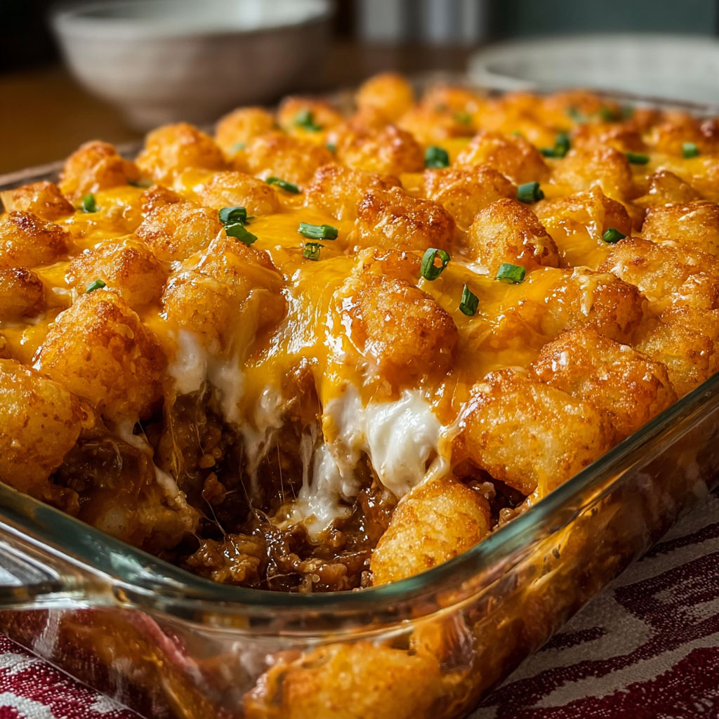 A dish of food with a bowl of tater tots.