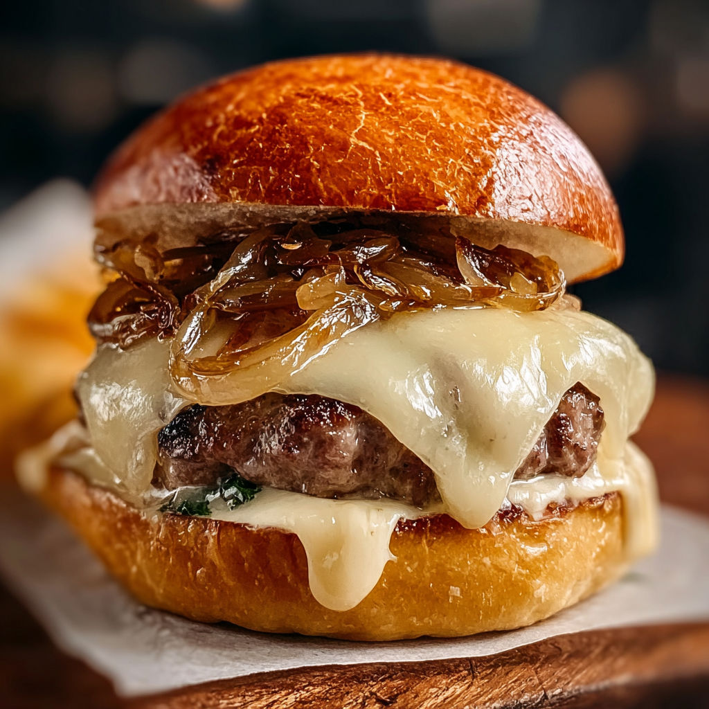 A burger with cheese and onions.