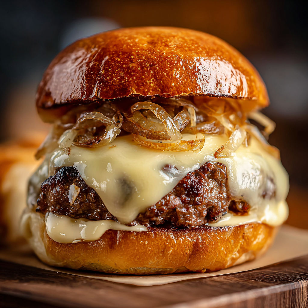 A burger with onions and cheese.
