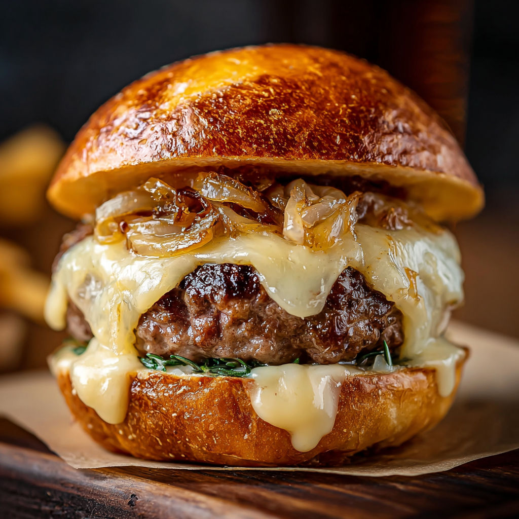 A burger with cheese and onions.