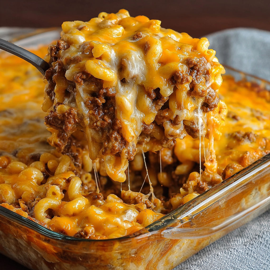A delicious cheesy hamburger casserole.