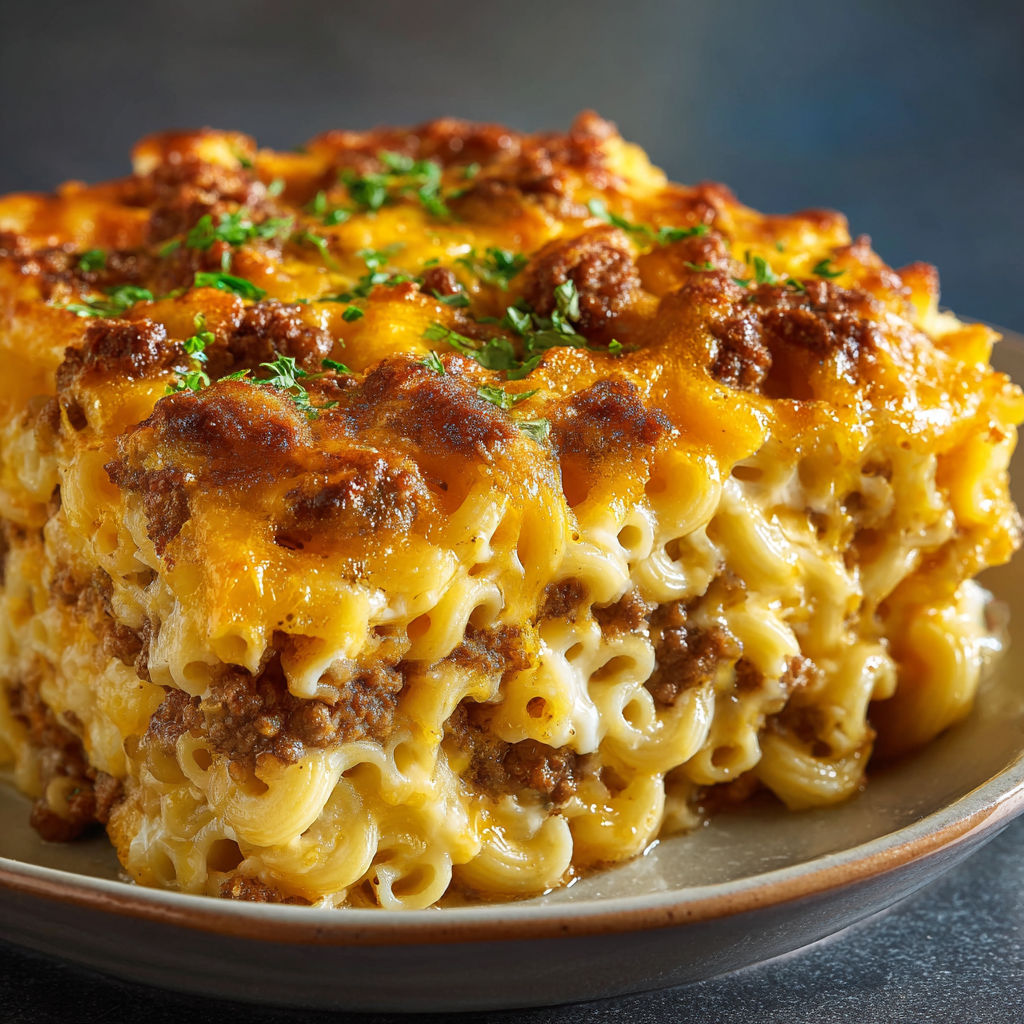 A plate of food with a cheese and meat casserole.