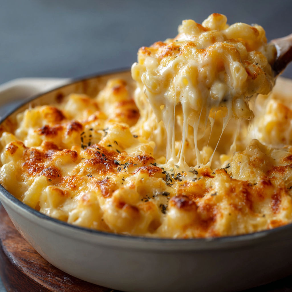 A bowl of macaroni and cheese.