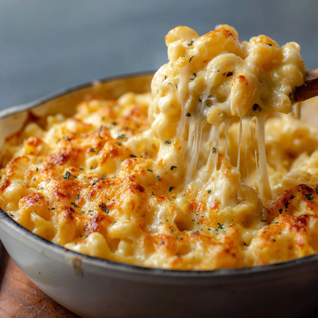 A bowl of macaroni and cheese.