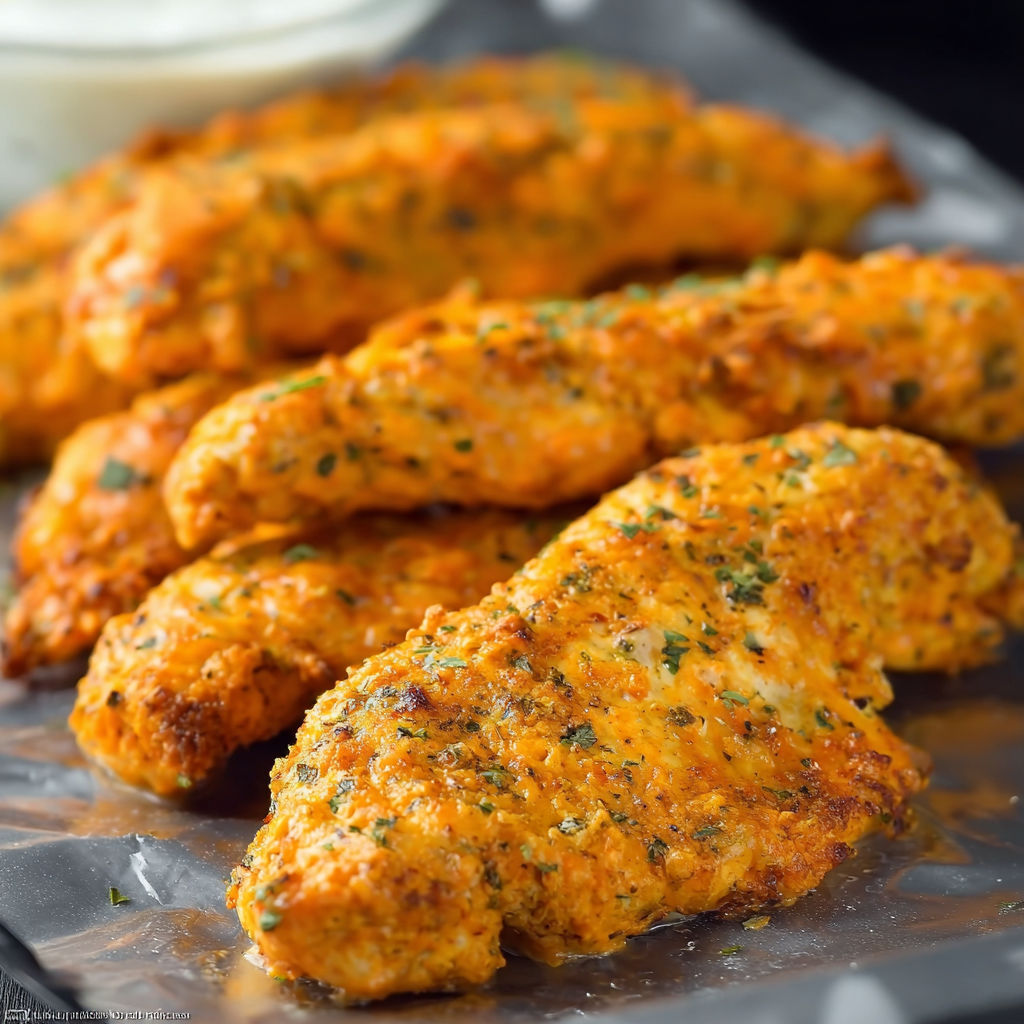 A plate of baked chicken strips with a side of ranch dressing.