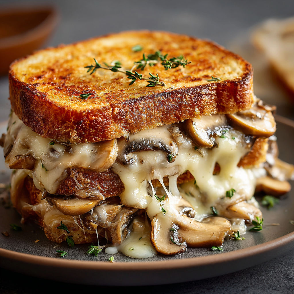 A sandwich with mushrooms and cheese.
