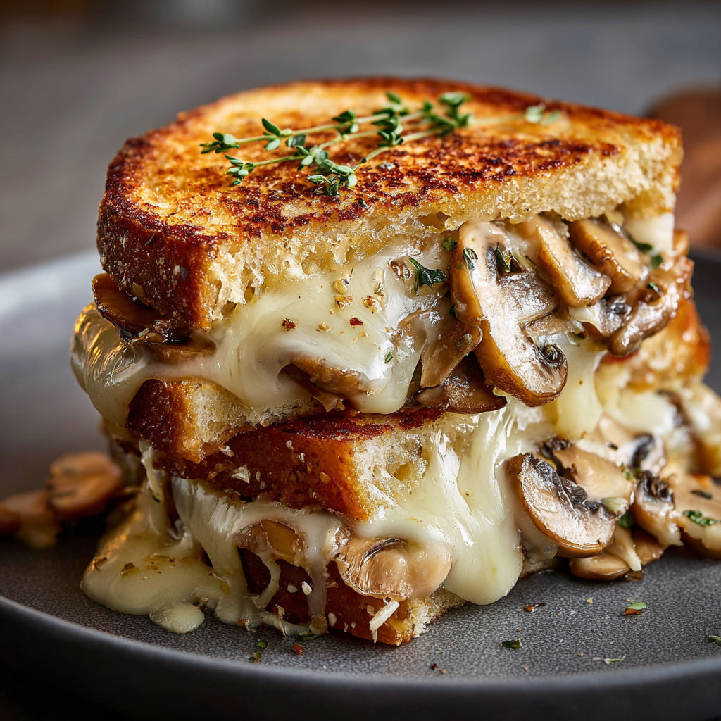 A sandwich with mushrooms and cheese.