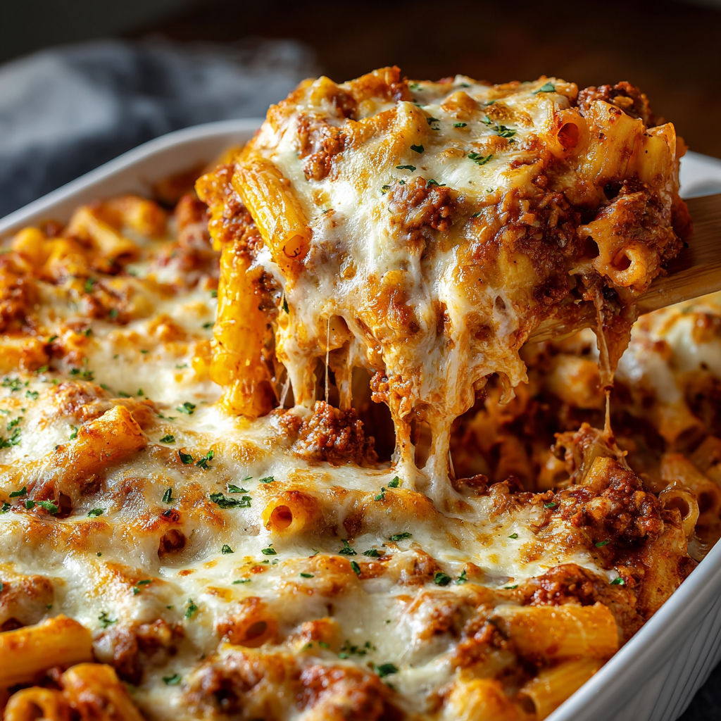 A close up of a delicious looking baked ziti.