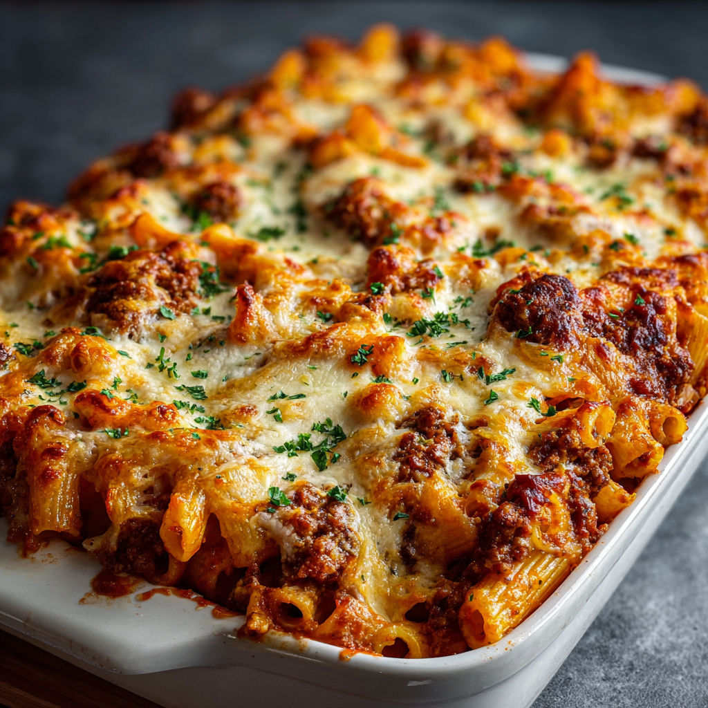 A dish of lasagna with cheese and meat.