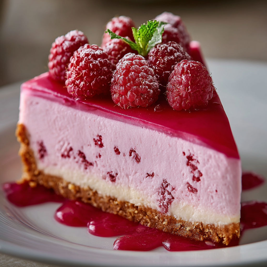 A slice of pink cake with raspberries on top.
