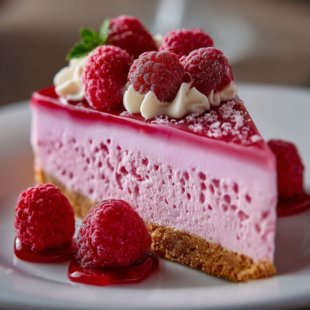 A slice of pink cake with raspberries on top.