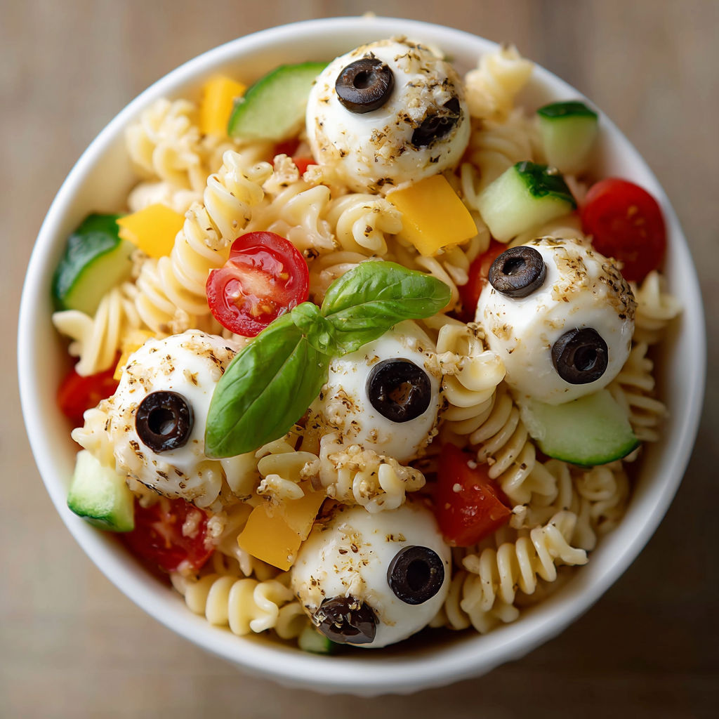 A bowl of pasta with vegetables and olives.