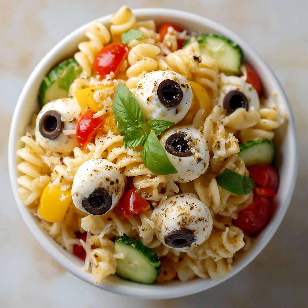 A bowl of pasta with tomatoes, cucumbers, and olives.