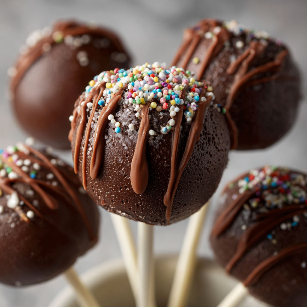 Chocolate cake pops with sprinkles on a stick.