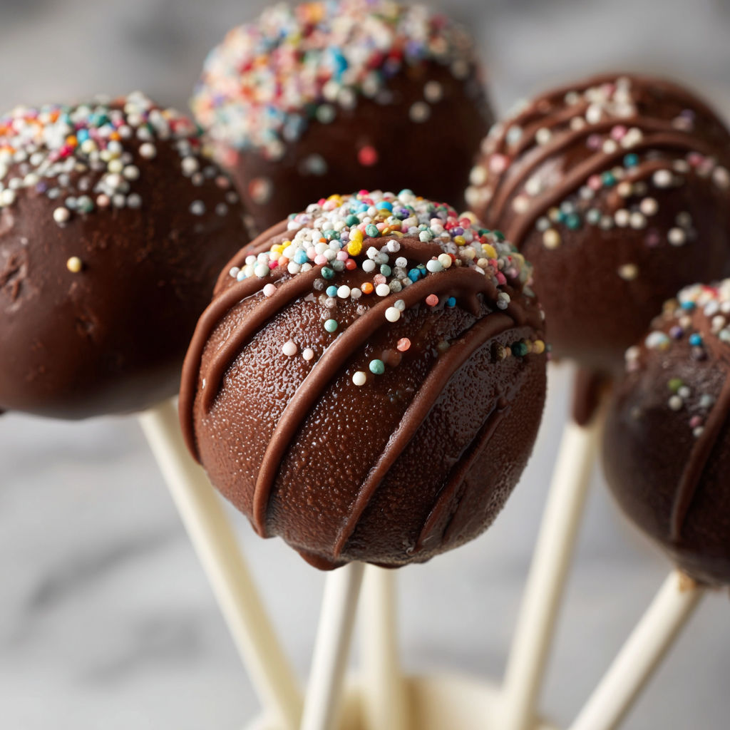Chocolate cake pops on a stick.