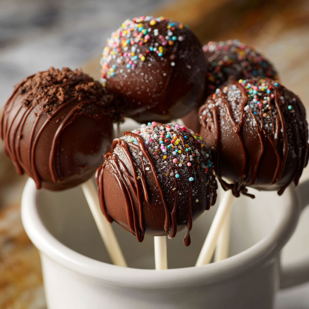 Chocolate cake pops on a stick.