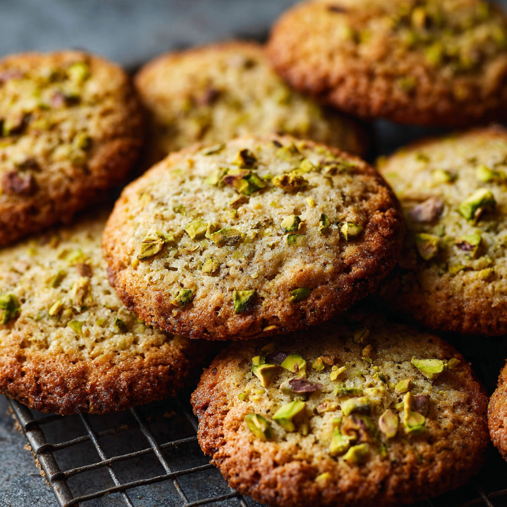 A tray of cookies with pistachio nuts.
