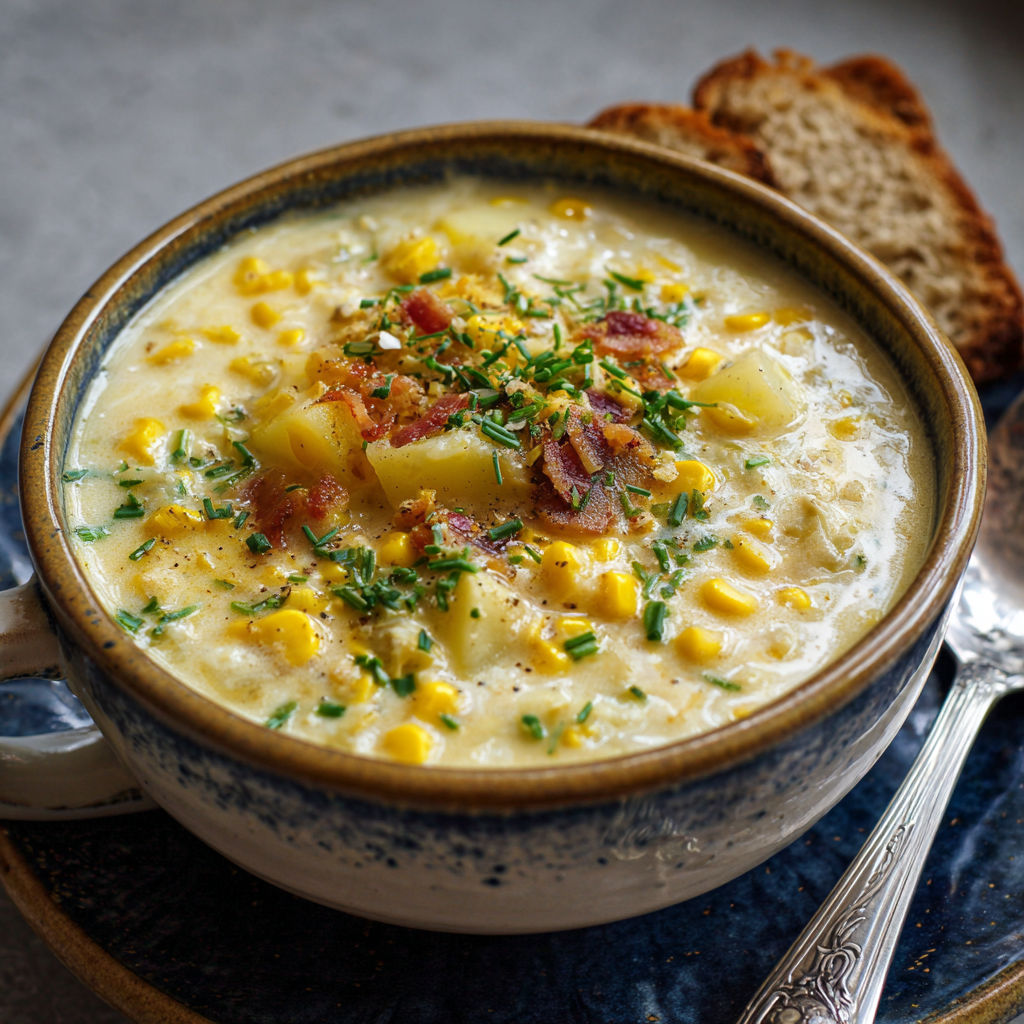 A bowl of corn and potato chowder.