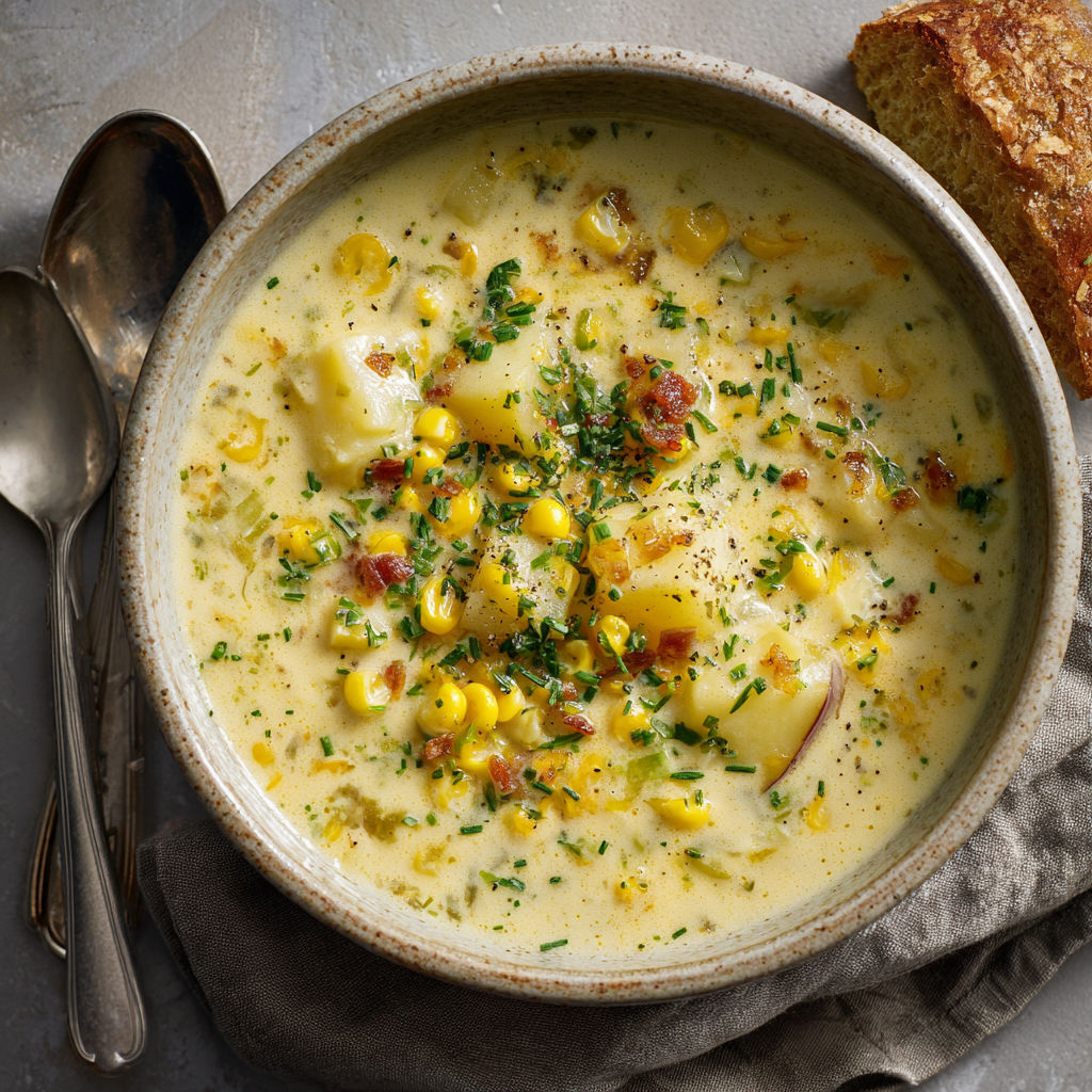 A bowl of soup with corn and other vegetables.