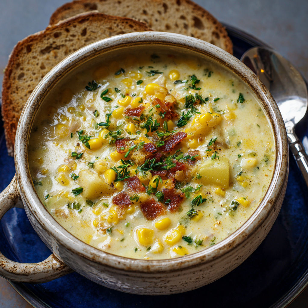 A bowl of soup with corn and bacon.
