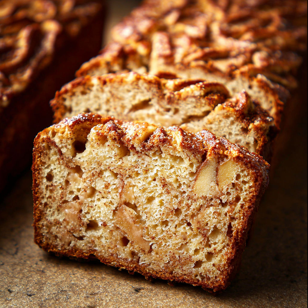 A slice of cinnamon apple bread.