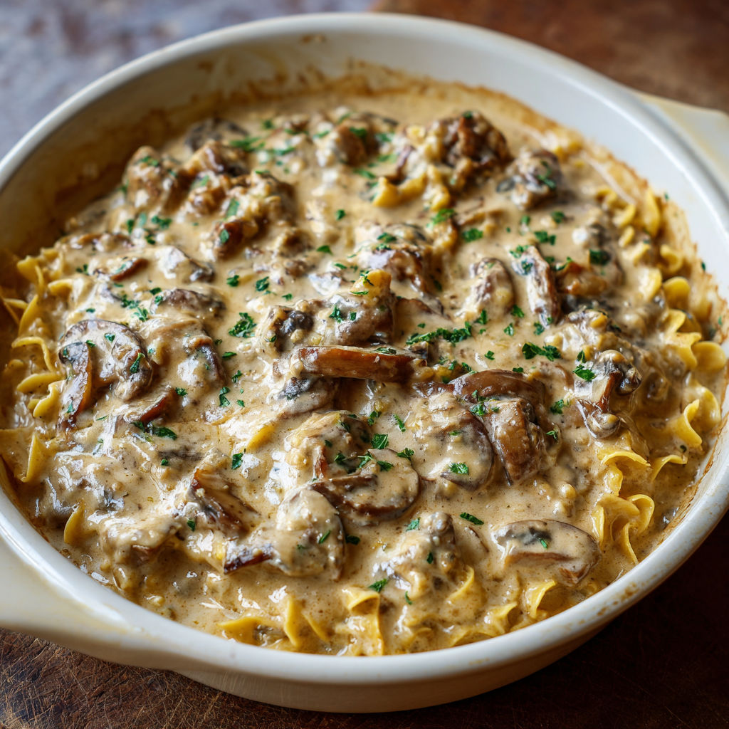 A white bowl filled with mushroom stroganoff.