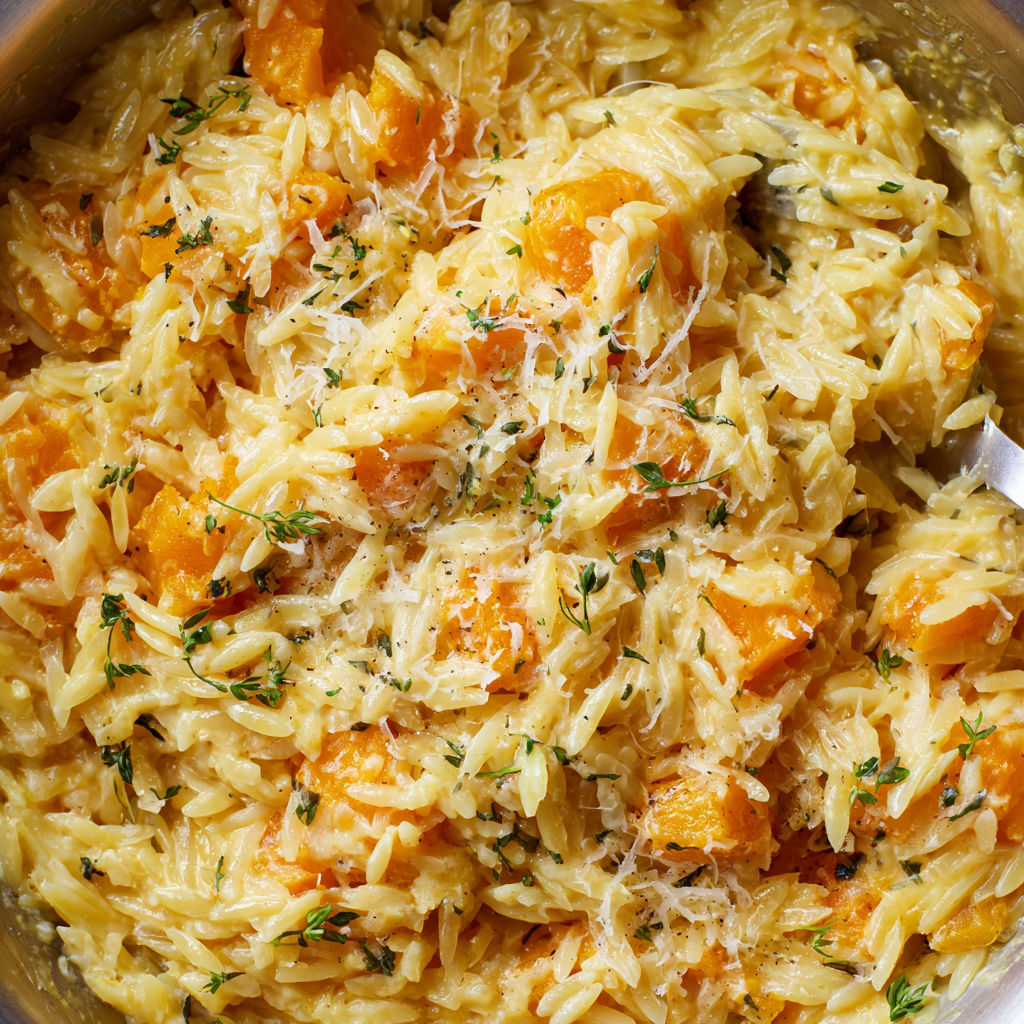 A bowl of cheesy butternut squash orzo.