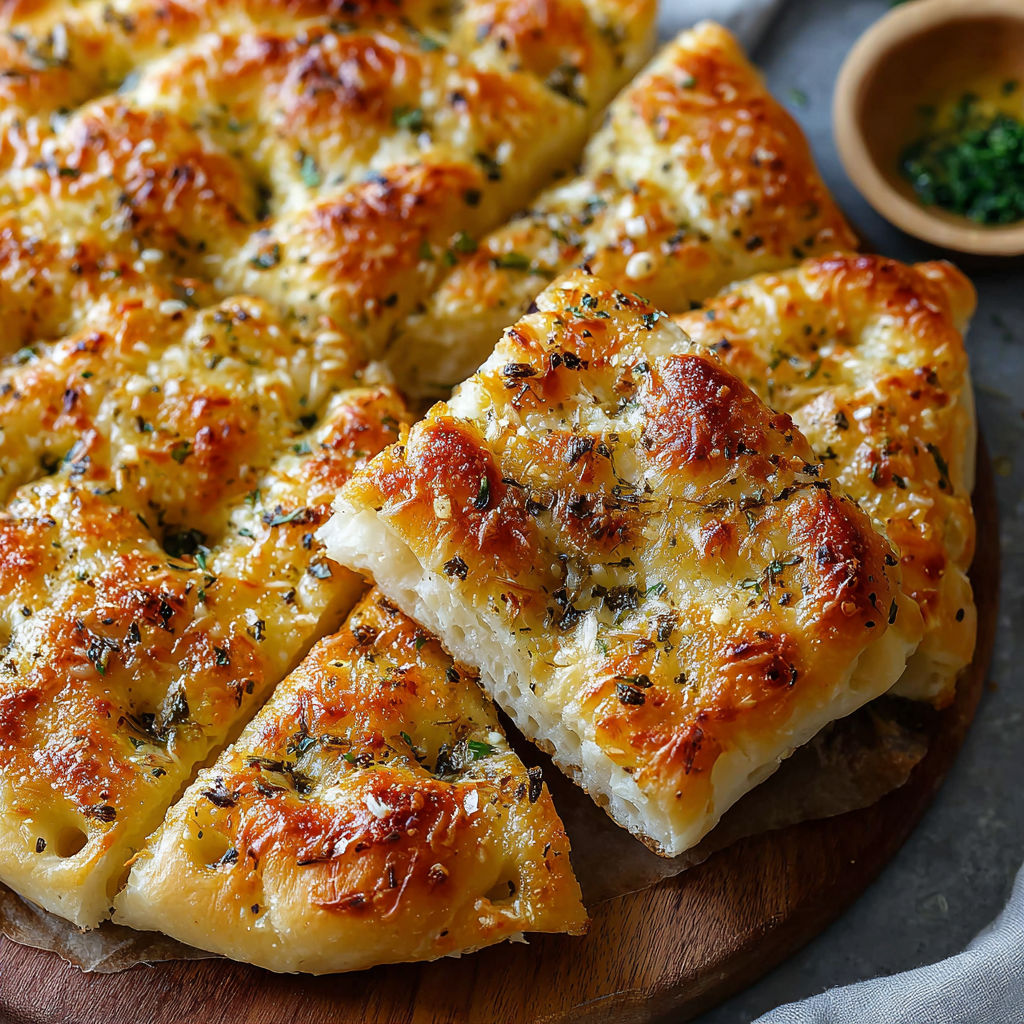 A slice of garlic Parmesan focaccia bread.