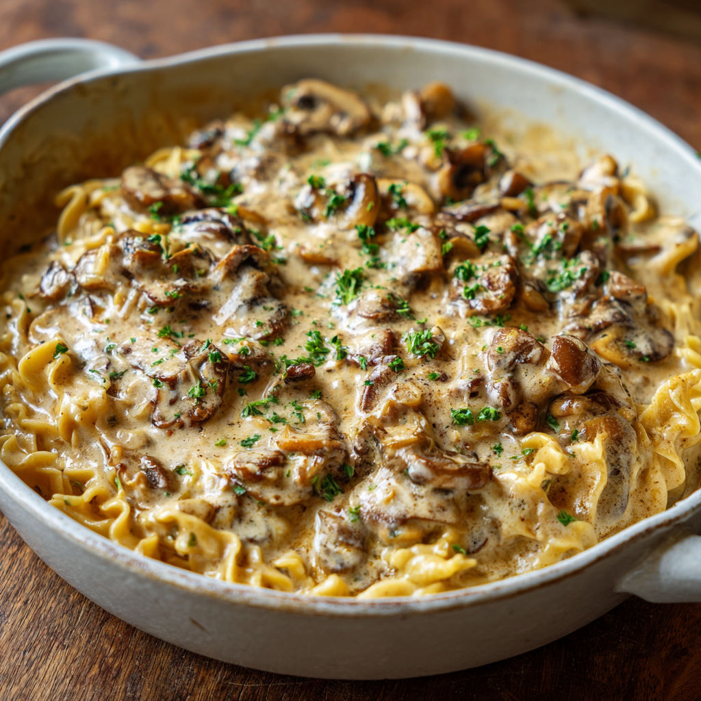 A bowl of pasta with mushrooms and herbs.