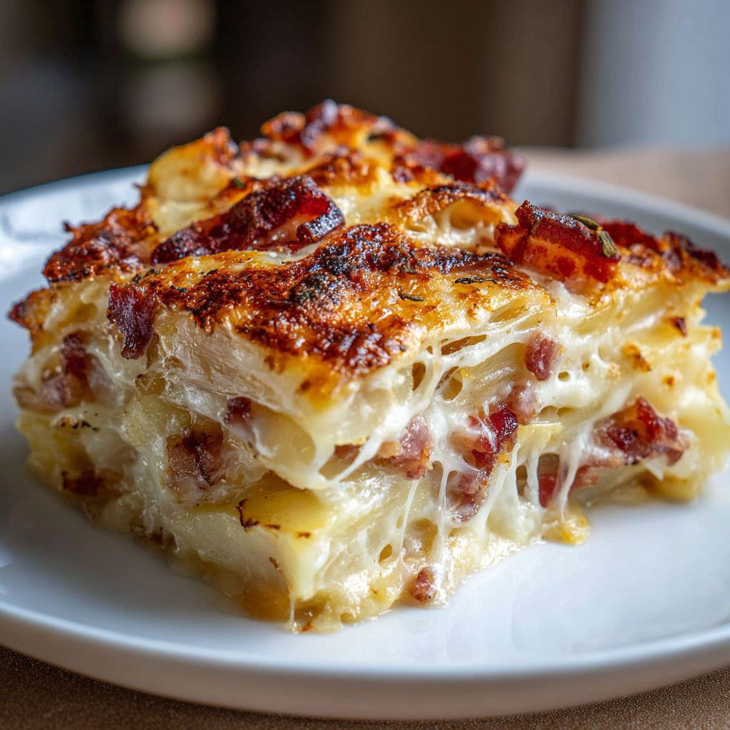 A slice of traditional tartiflette on a white plate.