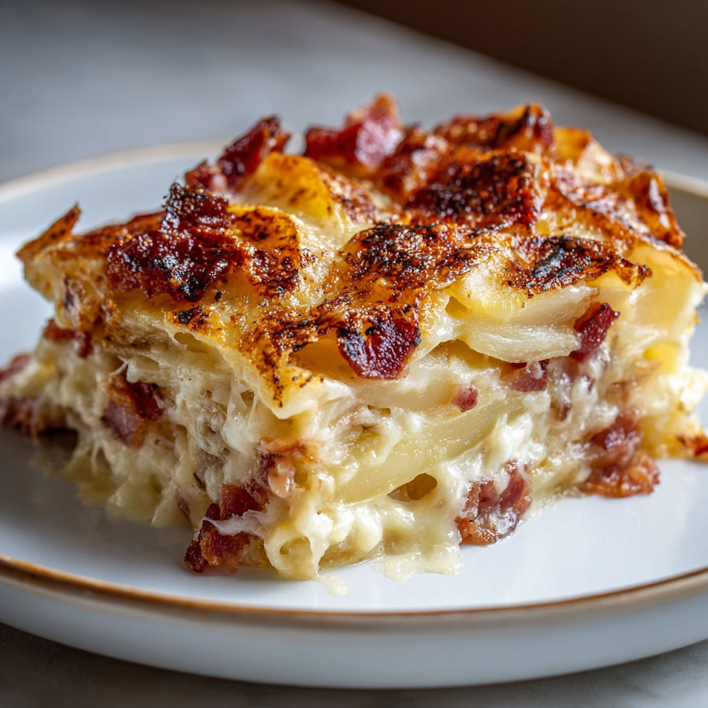 A close up of a traditional tartiflette recipe.