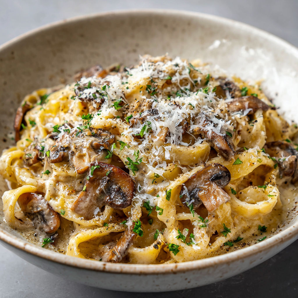 A bowl of pasta with mushrooms and cheese.