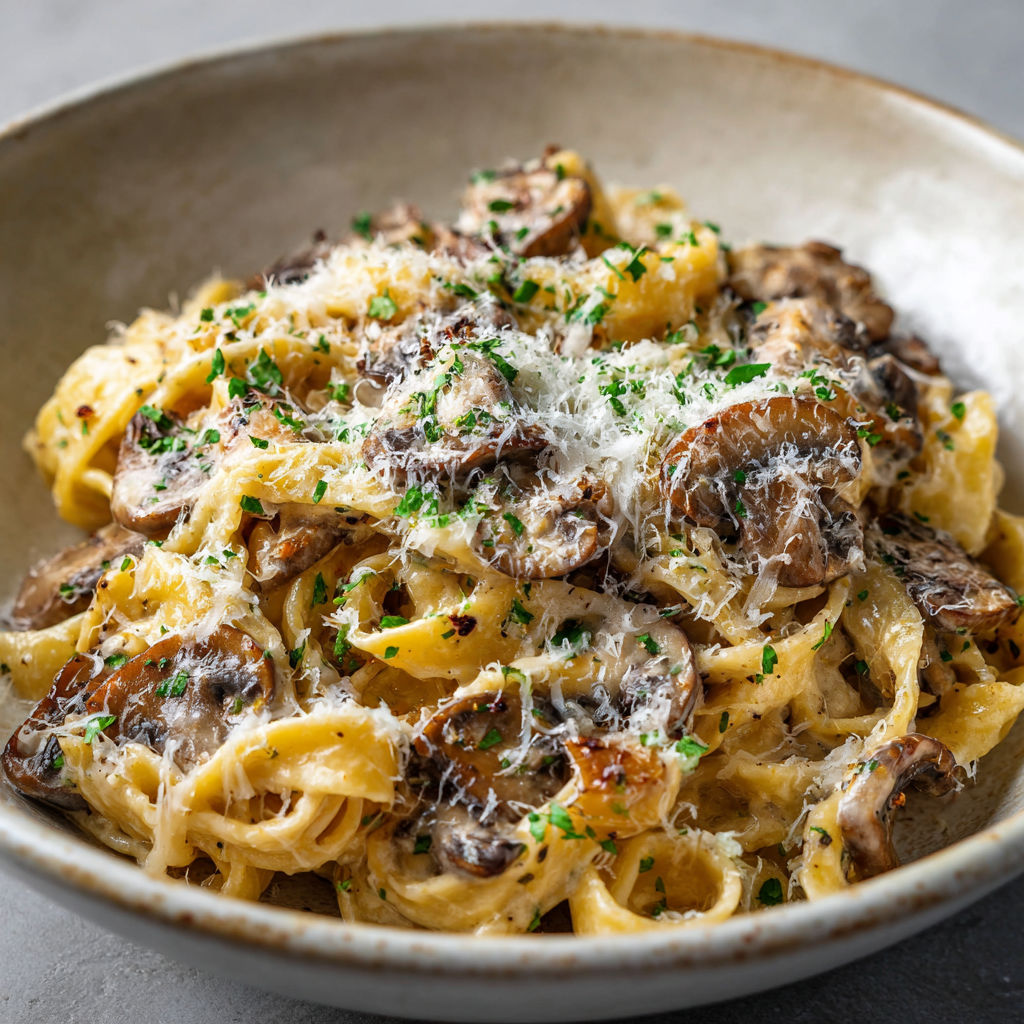 A bowl of pasta with mushrooms and cheese.