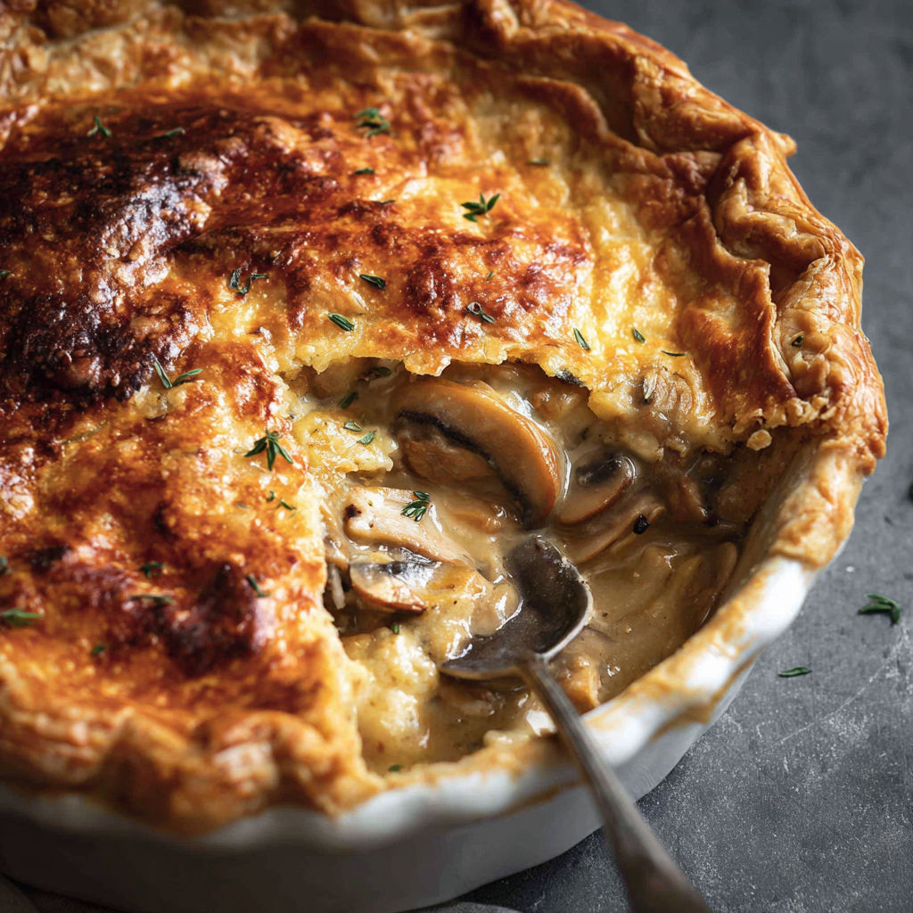 A pie with mushrooms and chicken in it.