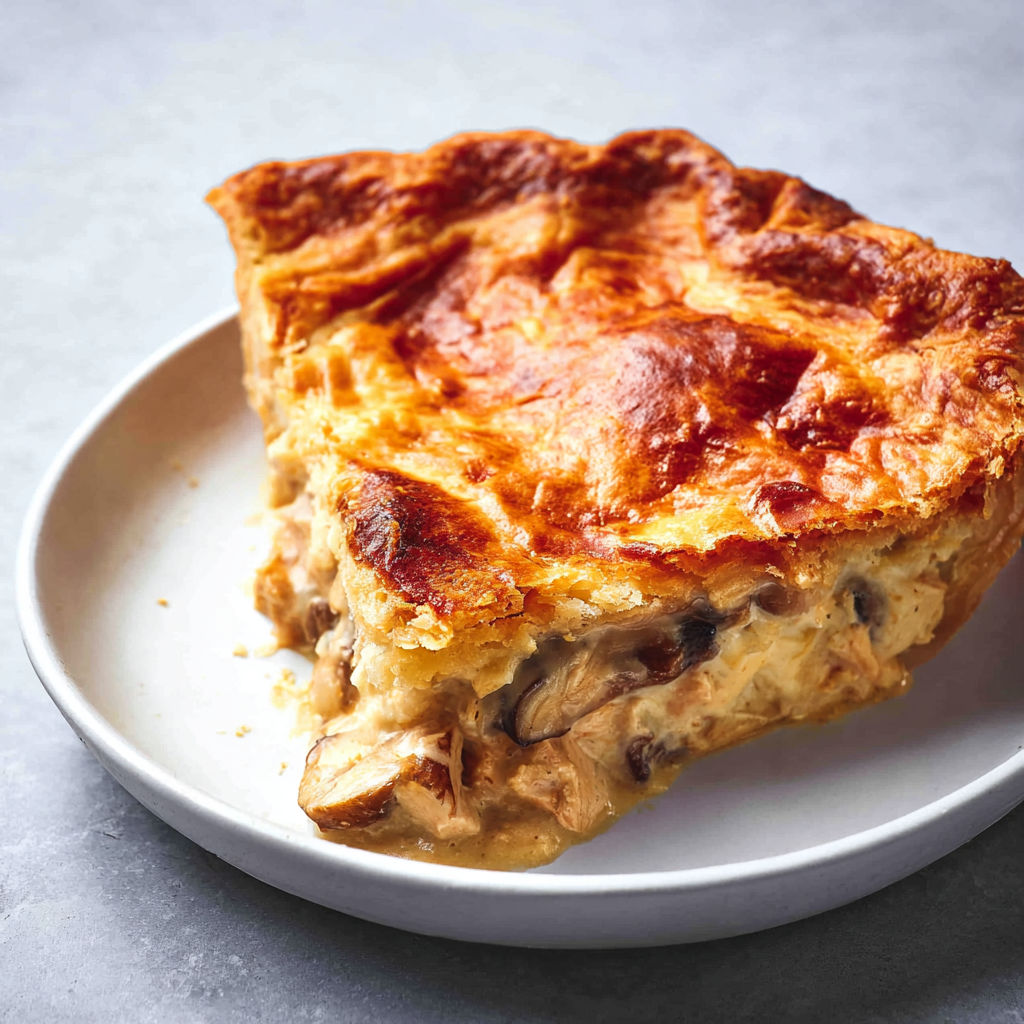 A slice of chicken and mushroom pie on a plate.